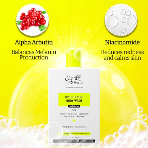 Chemist at Play Brightening Body Wash | Glowing Skin Vitamin C Bodywash | Helps to Reduce Fades Dark Spots, Evens out Skin Tone | Alpha Arbutin | 30X Vitamin C with Camu Camu | For Women & Men | 236ml